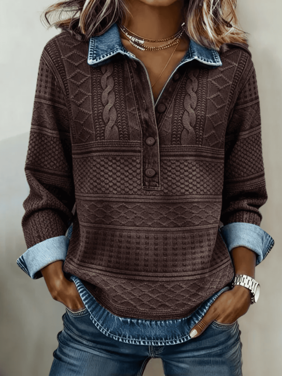 Jersey de Mujer con Cuello Camisero - Textura Trenzada