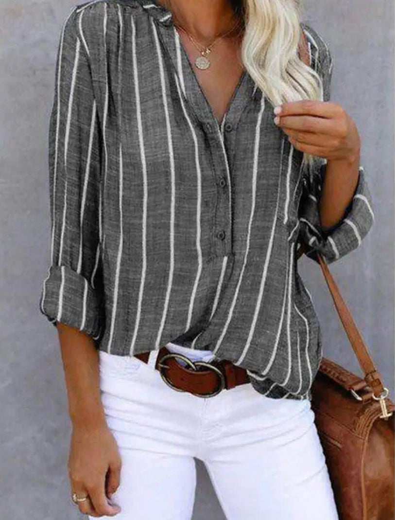 Blusa para mujer con rayas y bolsillo en el pecho