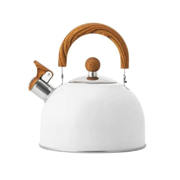 Hervidor con asa de veta de madera y pico con silbato