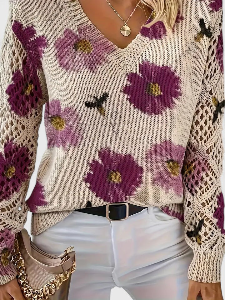 Jersey de Mujer - Escote en V con Punto Calado y Motivos Florales