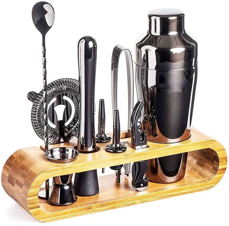 Juego de cóctel de acero inoxidable con soporte de madera