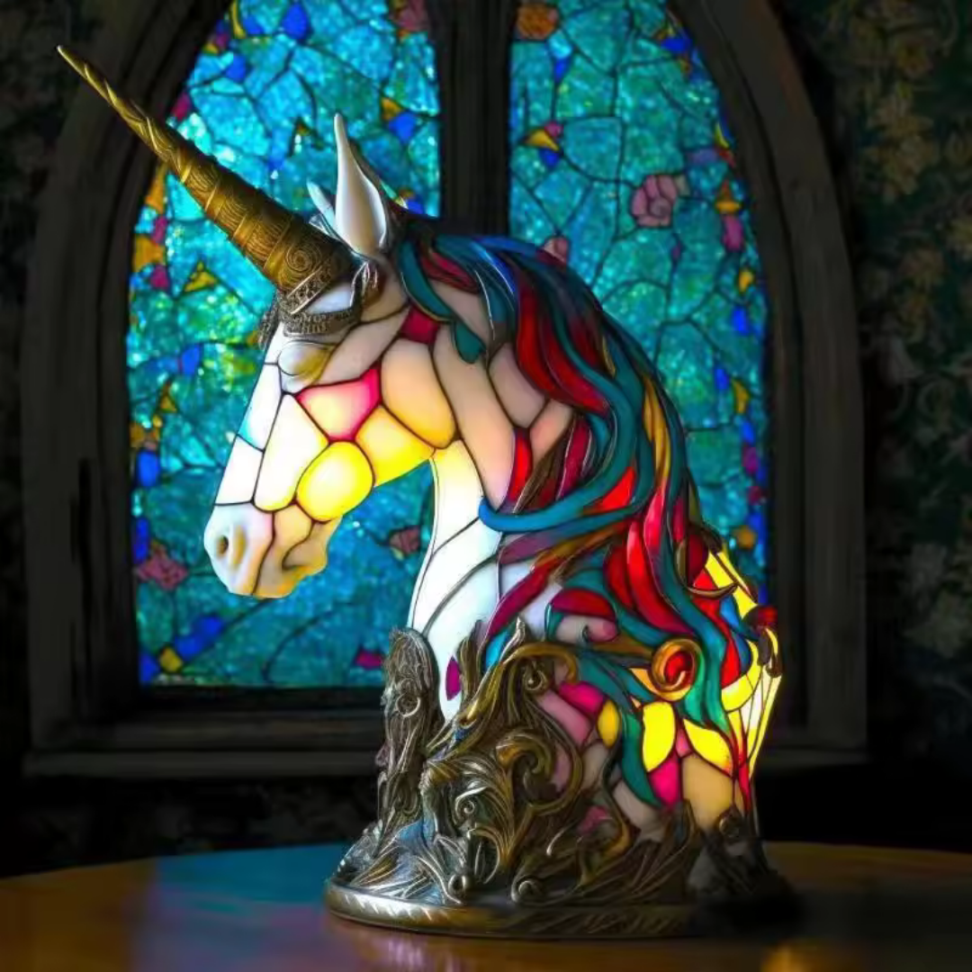 Lámpara de mesa con busto de unicornio y base de cuerno en espiral