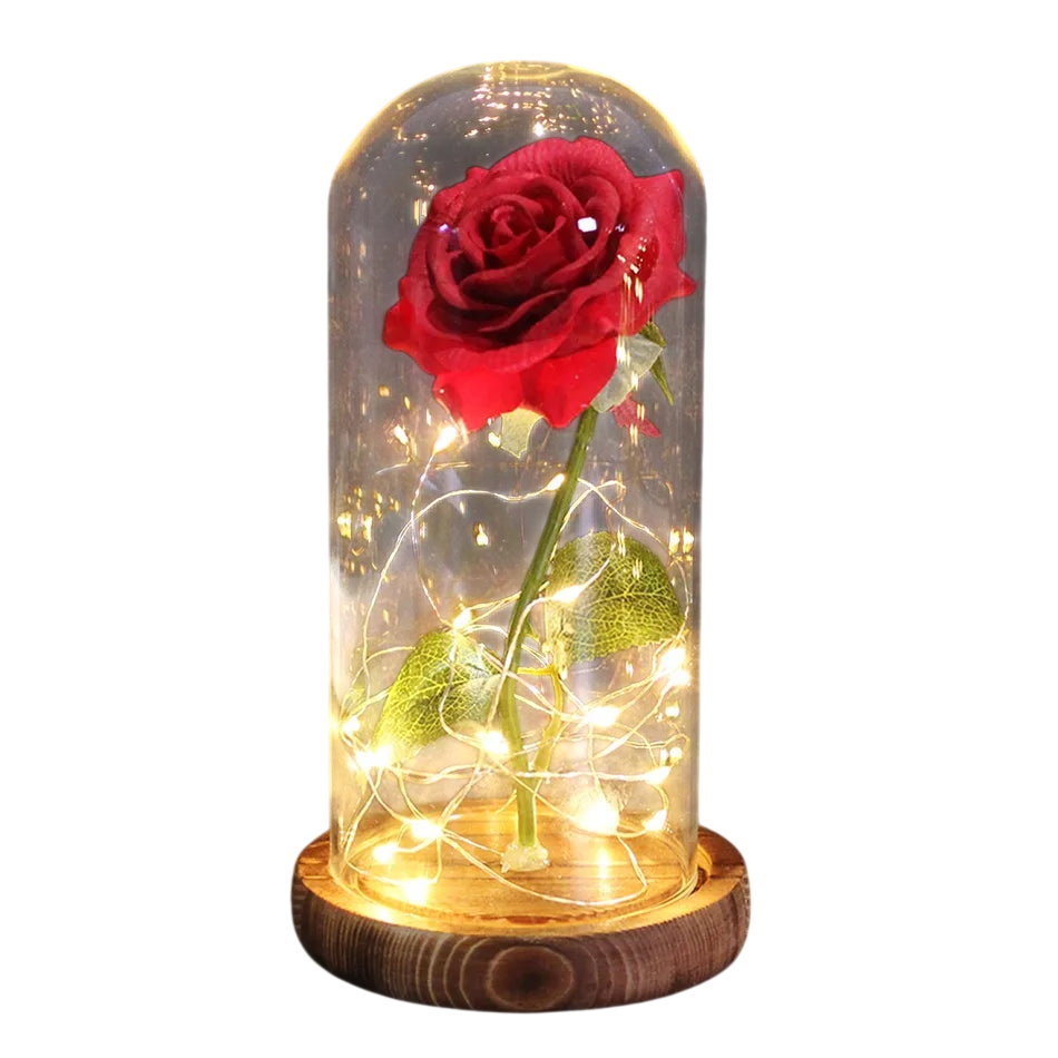 Rosa LED artificial en cúpula de vidrio con base de madera