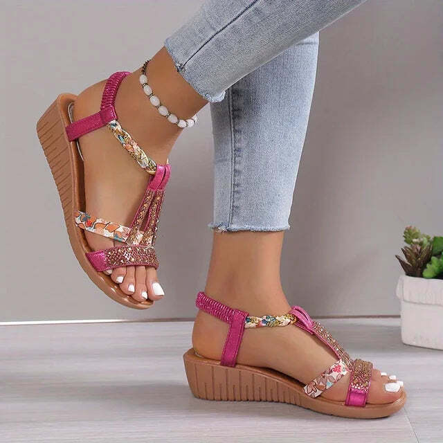Sandalias de cuña para mujer con puntera abierta y tira en T