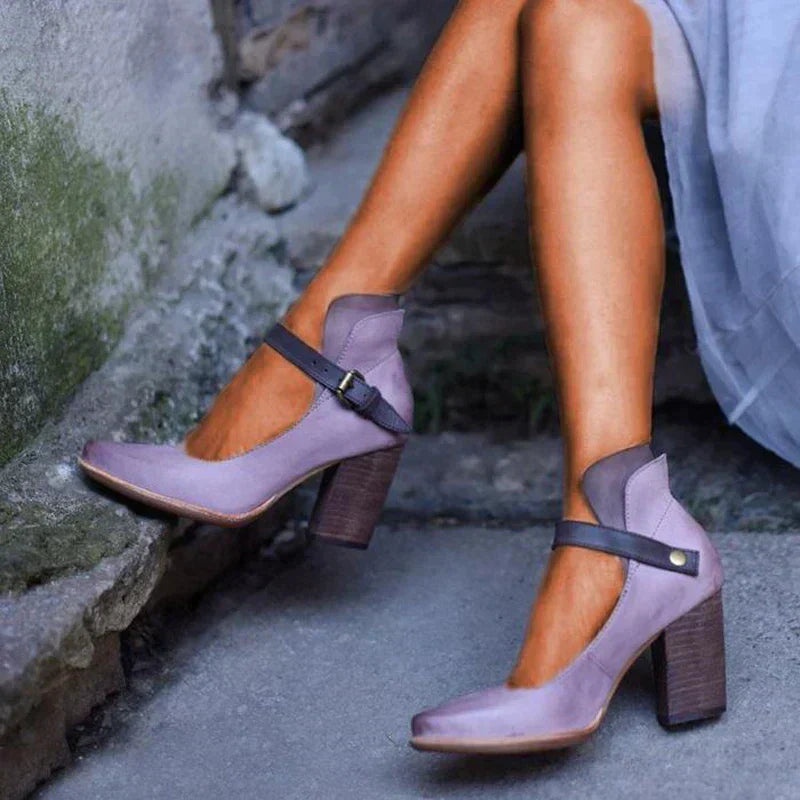 Sandalias de tacón para mujer con punta cuadrada y correa al tobillo