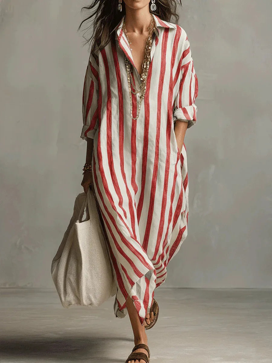 Vestido camisero midi de rayas para mujer con bolsillos