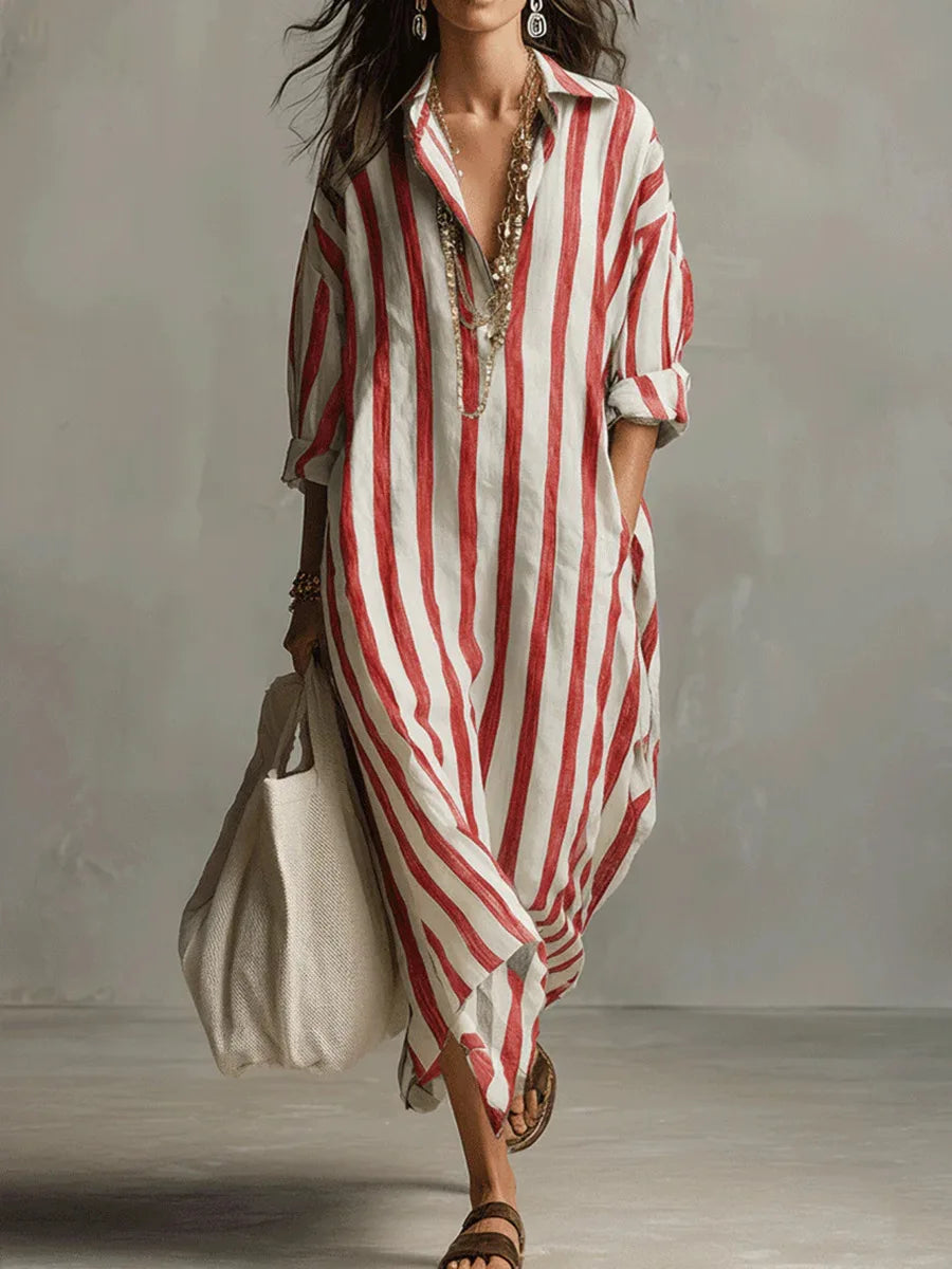 Vestido camisero midi de rayas para mujer con bolsillos