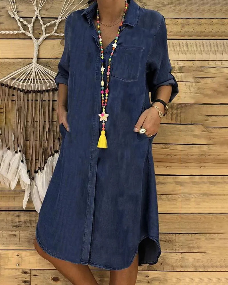 Vestido camisero para mujer con cuello y bolsillos laterales