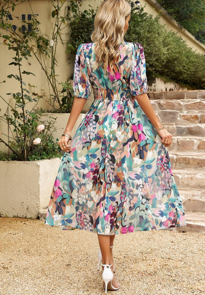 Vestidos invitada boda - diseño midi estampado con escote en V y mangas abullonadas