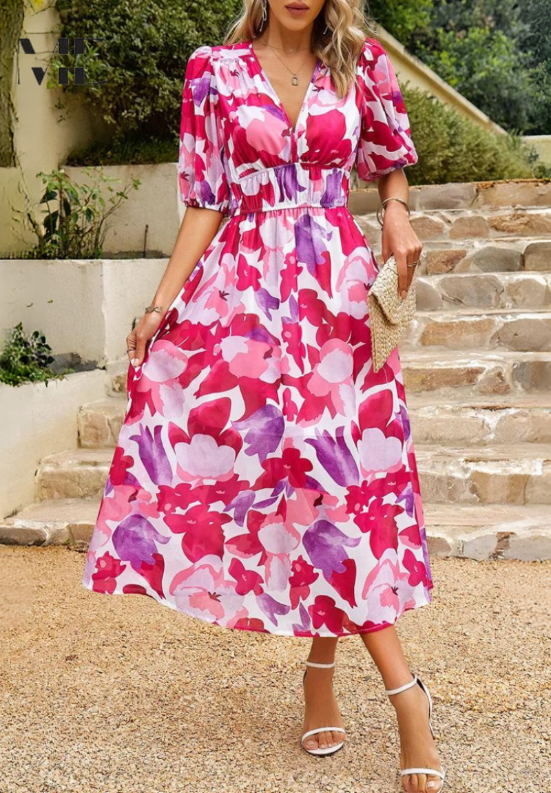 Vestidos invitada boda - diseño midi estampado con escote en V y mangas abullonadas