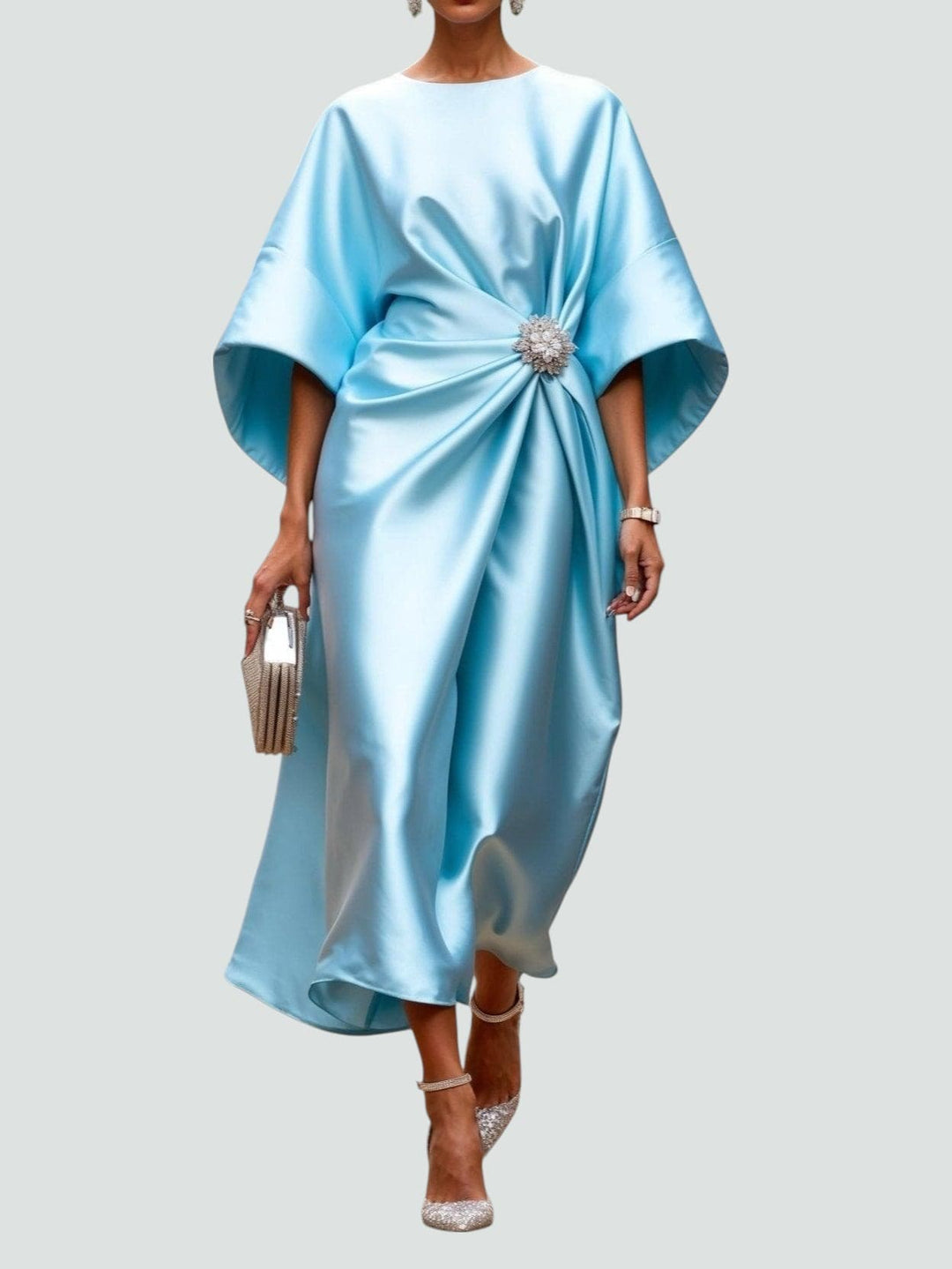 Vestido midi para mujer con escote redondo y mangas anchas