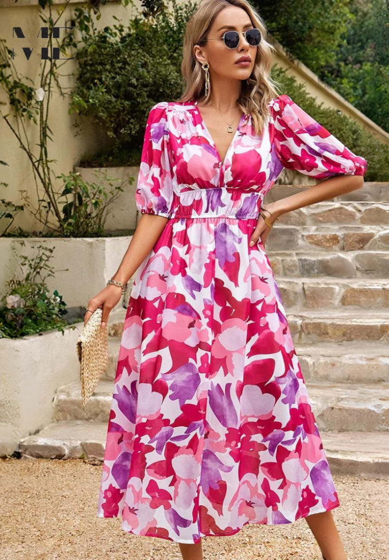 Vestido midi para mujer con estampado y mangas abullonadas