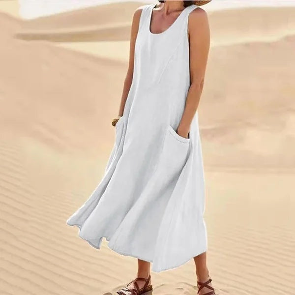 Vestido midi para mujer sin mangas con bolsillos de parche