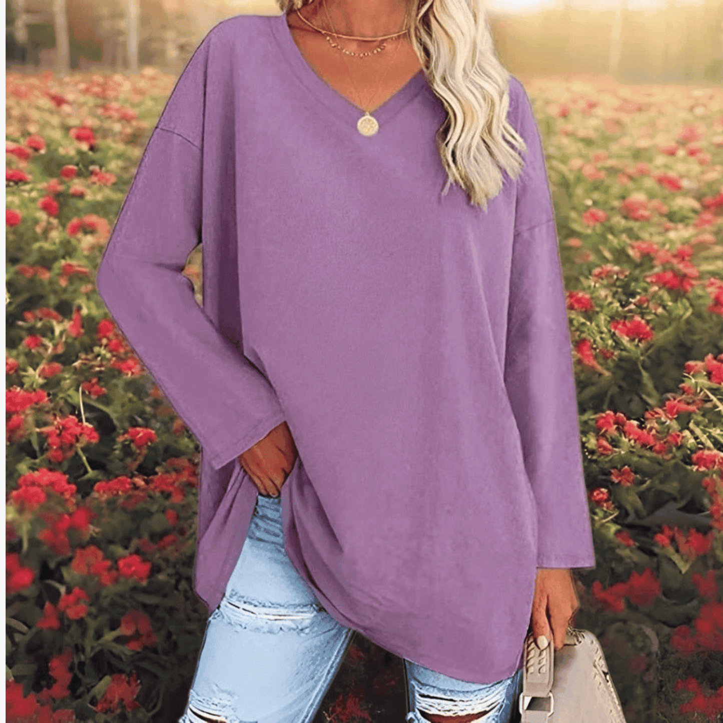 Blusa de Mujer de Corte Holgado - Cuello en V y Manga Larga