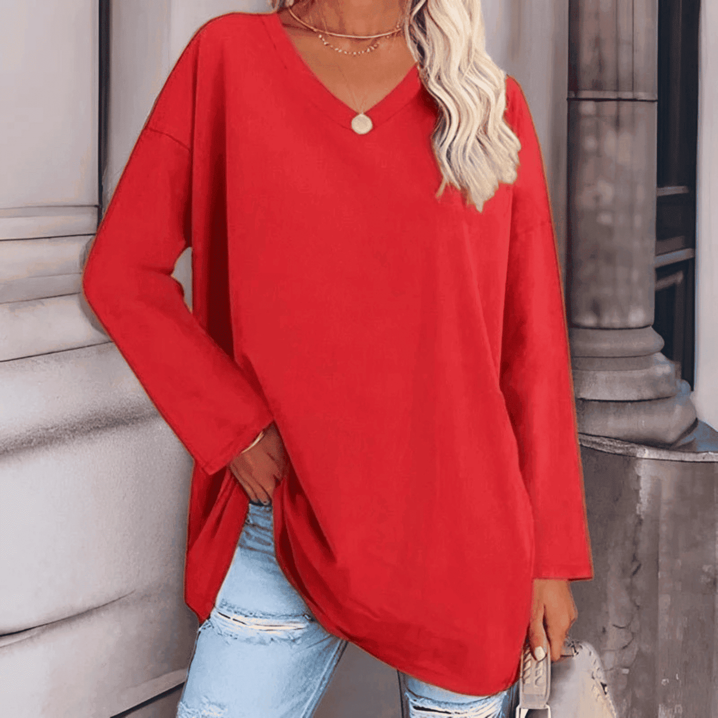 Blusa de Mujer de Corte Holgado - Cuello en V y Manga Larga