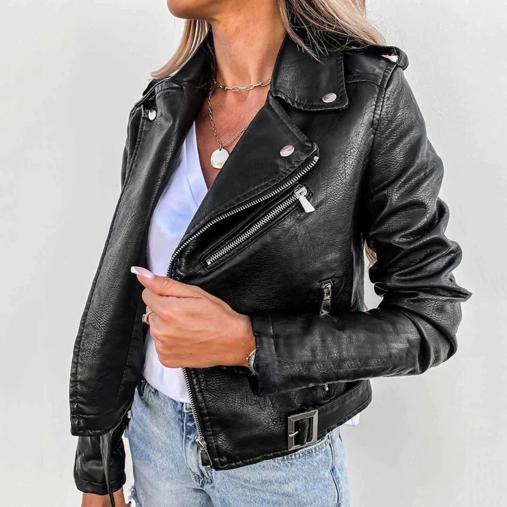 Chaqueta Biker de Mujer - Cierre Asimétrico y Detalles Metálicos