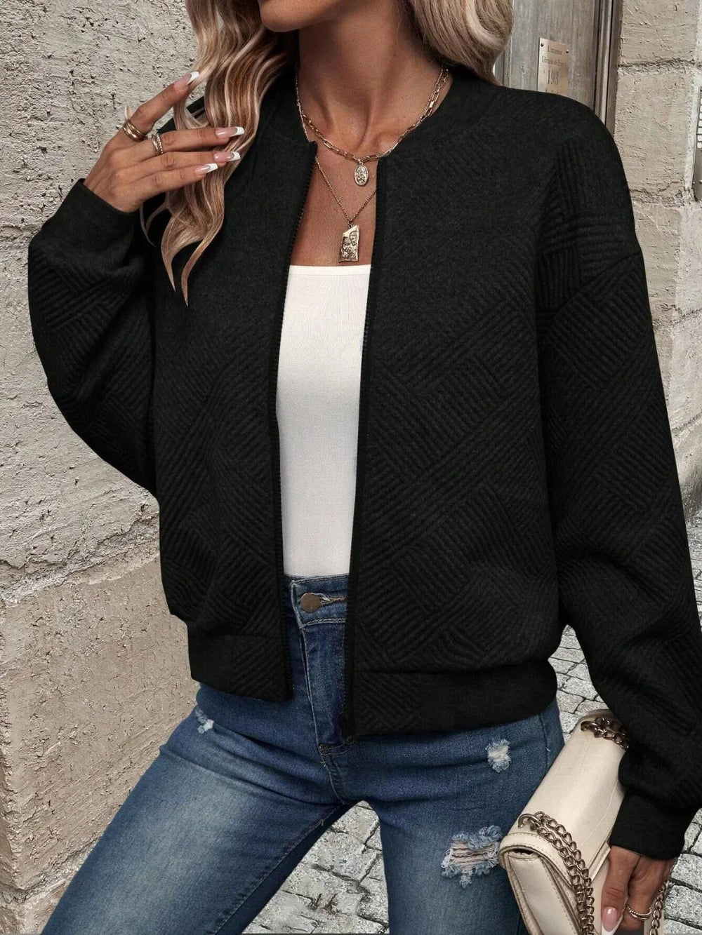 Chaqueta Bomber de Mujer - Cremallera y Textura Geométrica