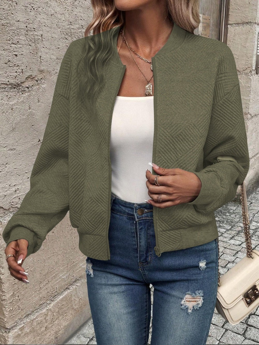 Chaqueta Bomber de Mujer - Cremallera y Textura Geométrica