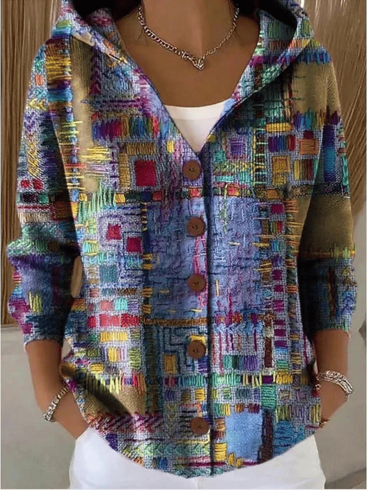 Chaqueta de Mujer Estampada - Con Capucha y Botones