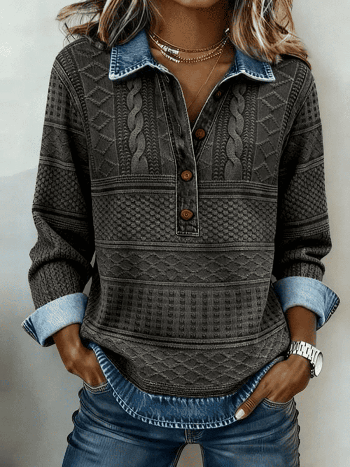 Jersey de Mujer con Cuello Camisero - Textura Trenzada