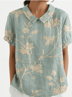 Blusa Floral de Manga Corta con Cuello para Mujer