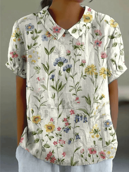 Blusa Floral de Manga Corta con Cuello para Mujer