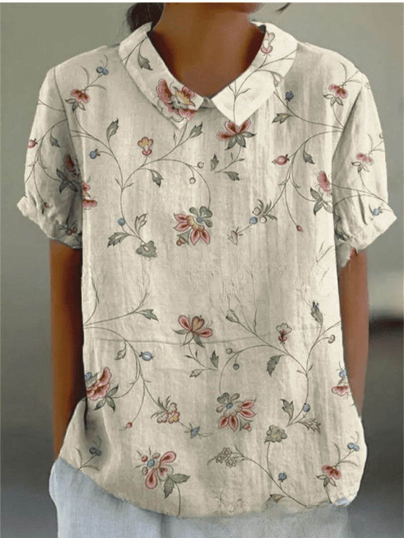 Blusa Floral de Manga Corta con Cuello para Mujer