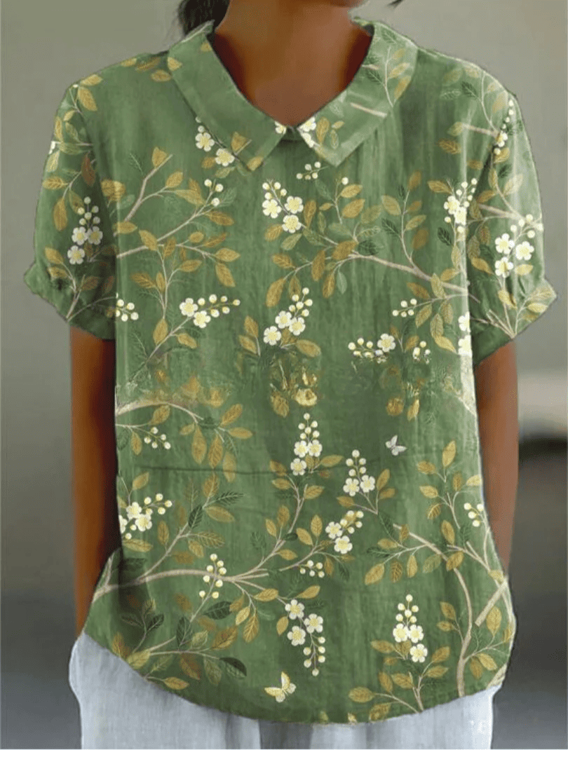 Blusa Floral de Manga Corta con Cuello para Mujer