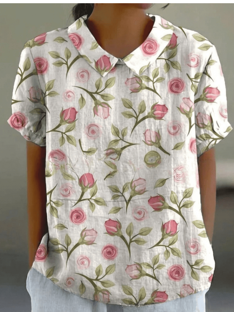 Blusa Floral de Manga Corta con Cuello para Mujer
