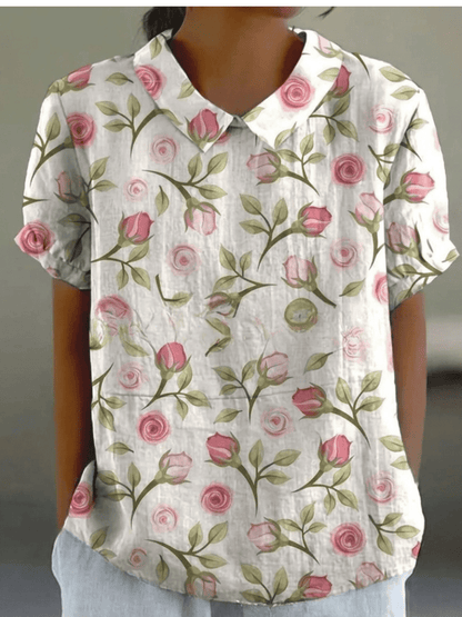 Blusa Floral de Manga Corta con Cuello para Mujer