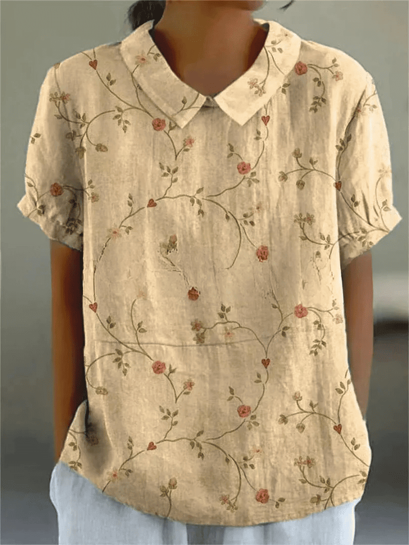 Blusa Floral de Manga Corta con Cuello para Mujer