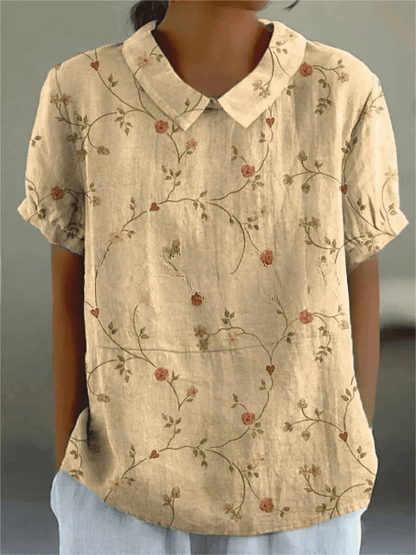 Blusa Floral de Manga Corta con Cuello para Mujer