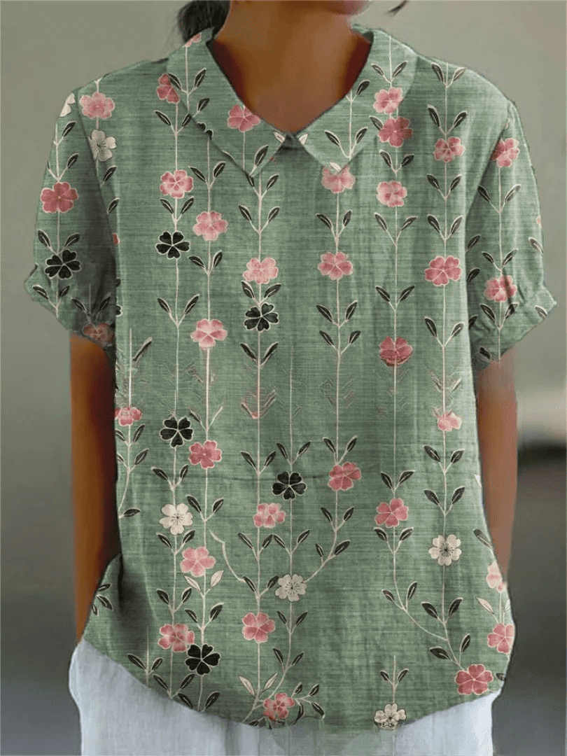 Blusa Floral de Manga Corta con Cuello para Mujer