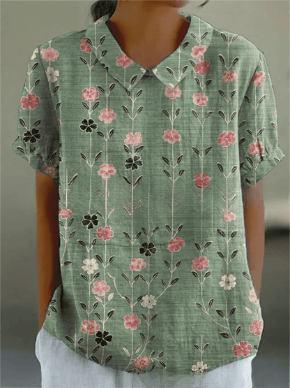 Blusa Floral de Manga Corta con Cuello para Mujer
