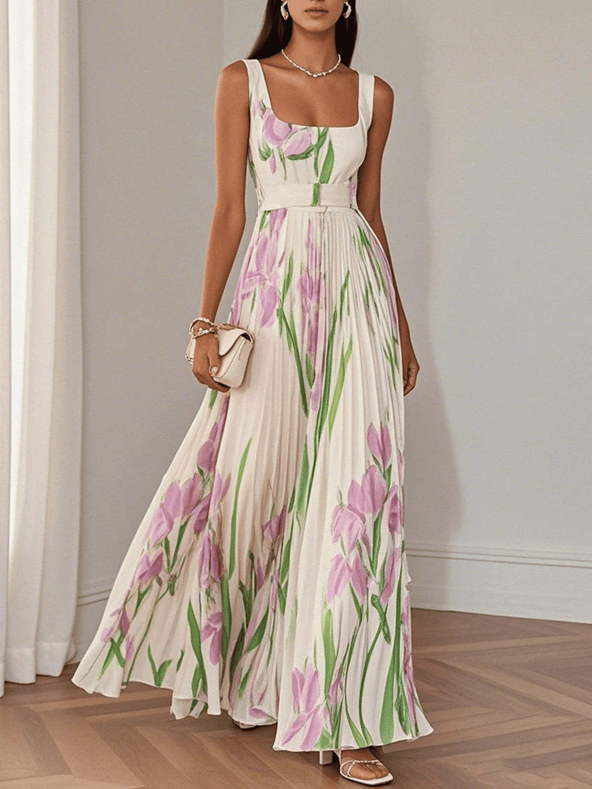 Vestido Maxi de Gasa de Mujer | Plisado con Flores