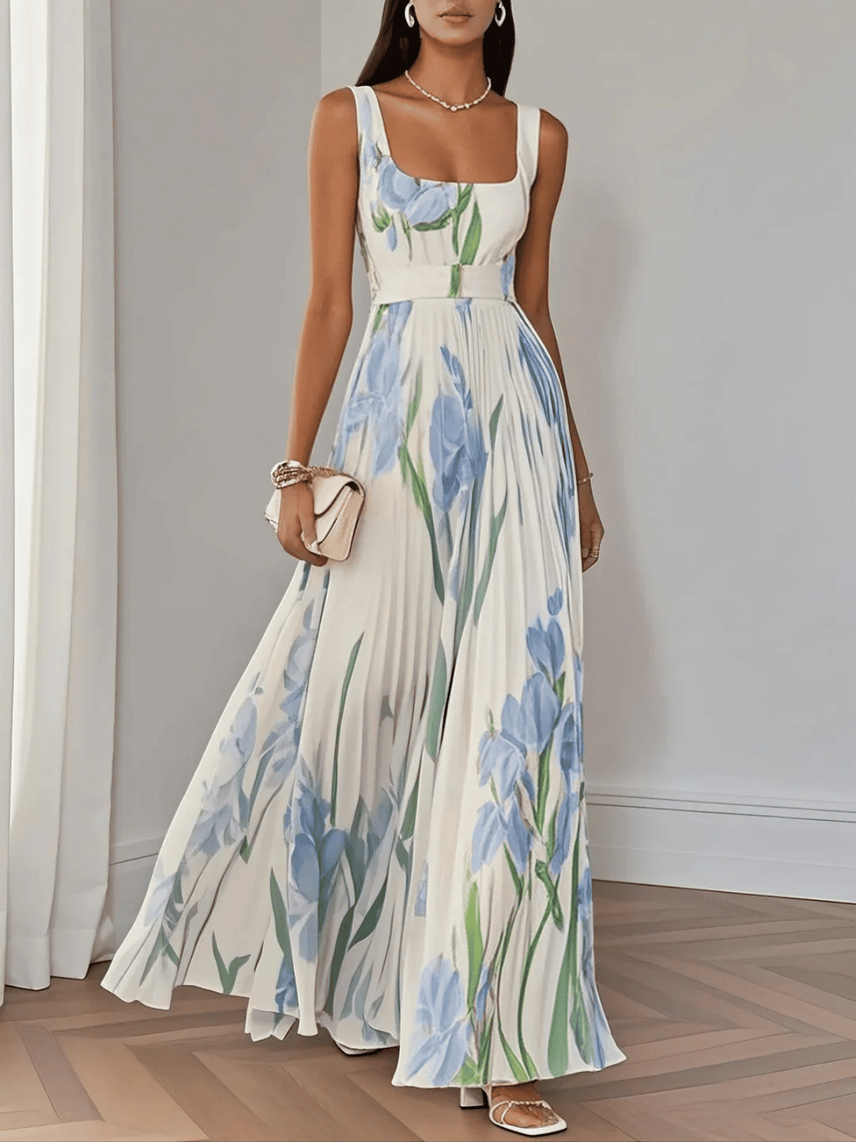 Vestido Maxi de Gasa de Mujer | Plisado con Flores