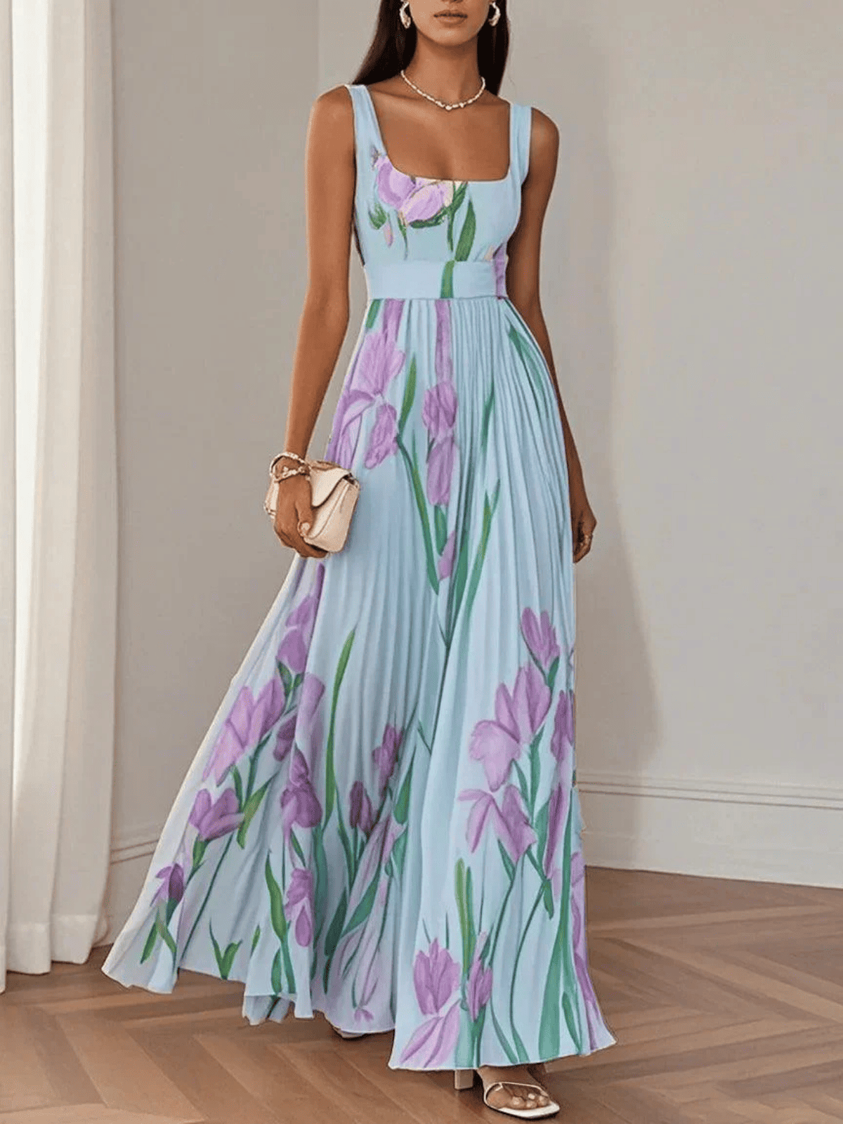 Vestido Maxi de Gasa de Mujer | Plisado con Flores