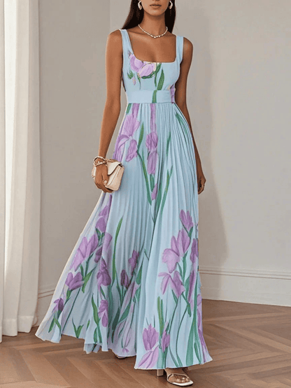 Vestido Maxi de Gasa de Mujer | Plisado con Flores
