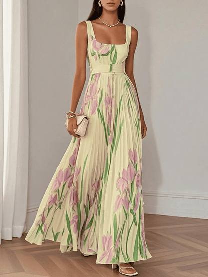 Vestido Maxi de Gasa de Mujer | Plisado con Flores