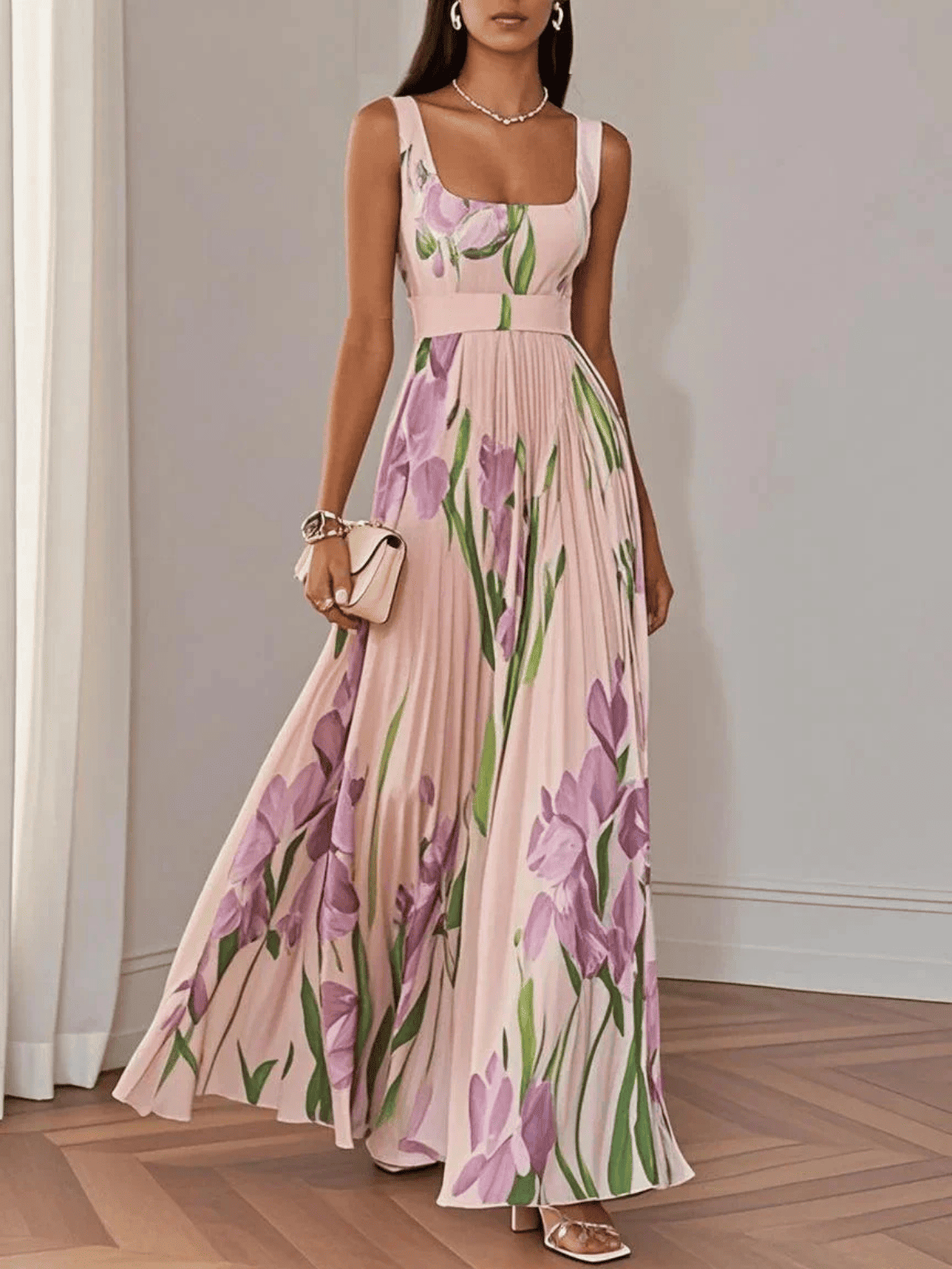 Vestido Maxi de Gasa de Mujer | Plisado con Flores