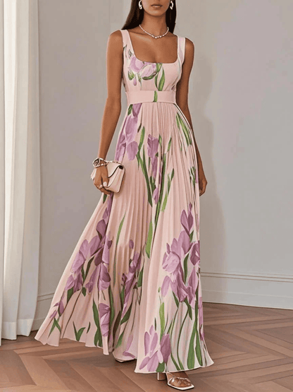 Vestido Maxi de Gasa de Mujer | Plisado con Flores