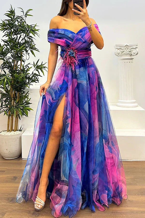 Vestido de Invitada de Boda - Hombros Descubiertos y Abertura - Maxi