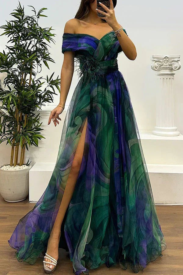 Vestido de Invitada de Boda - Hombros Descubiertos y Abertura - Maxi