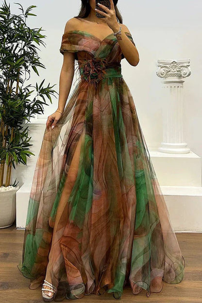 Vestido de Invitada de Boda - Hombros Descubiertos y Abertura - Maxi