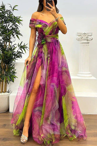 Vestido de Invitada de Boda - Hombros Descubiertos y Abertura - Maxi