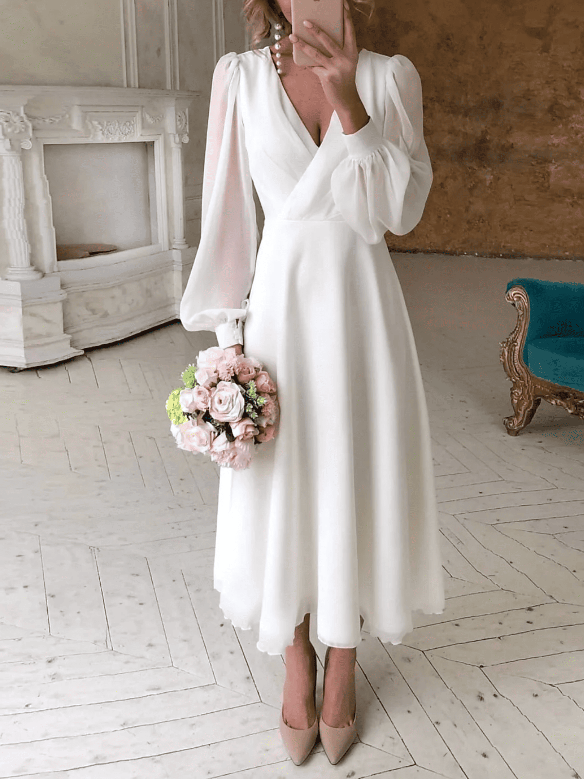 Vestido de Mujer Invitada de Boda con Manga Larga - Midi