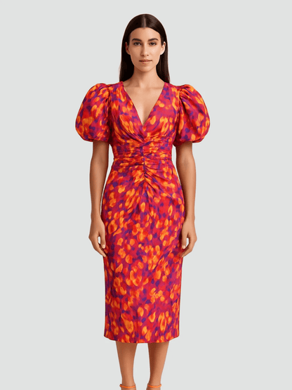 Vestido de Mujer Invitada de Boda con Mangas Abullonadas - Midi