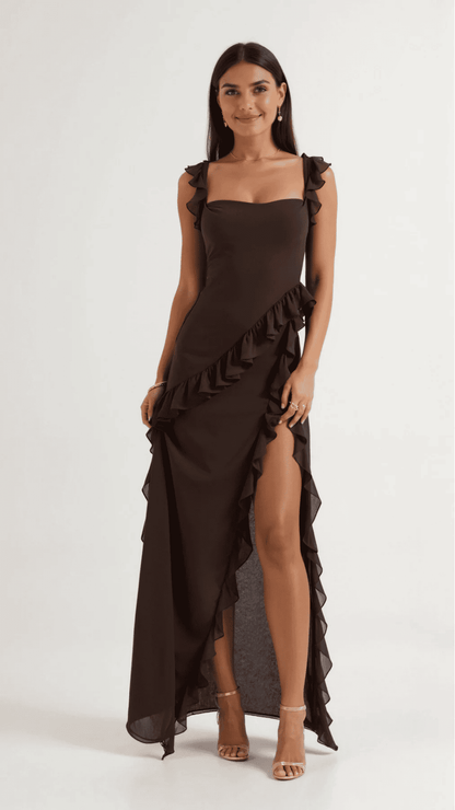 Vestido de Mujer Invitada de Boda con Volantes Laterales - Maxi