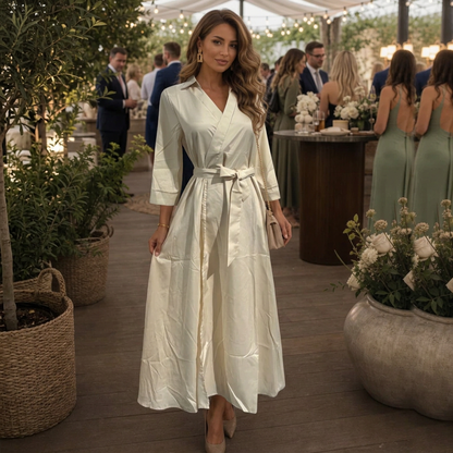 Vestido de Mujer Para Invitada de Boda Midi - Escote Cruzado y Cinturón Anudado