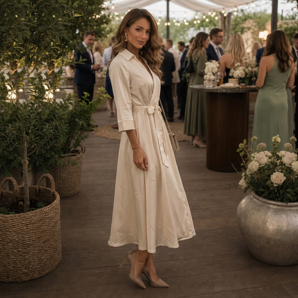 Vestido de Mujer Para Invitada de Boda Midi - Escote Cruzado y Cinturón Anudado
